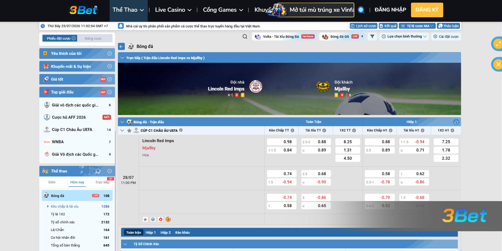Tỷ lệ kèo Lincoln Red Imps vs Mjallby 23h00 ngày 28/07/2026