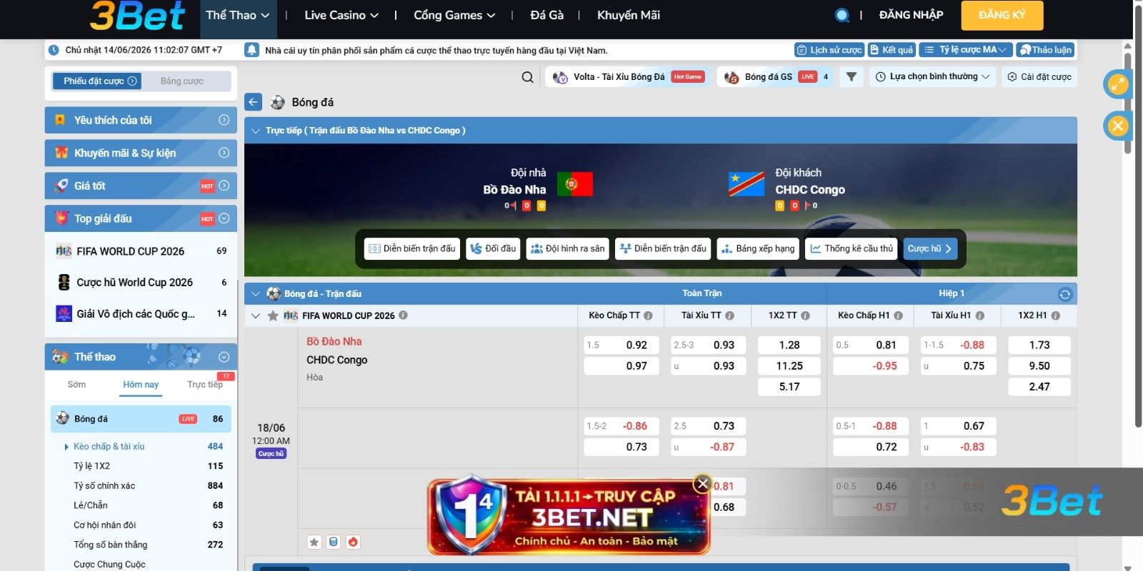 Tỷ lệ kèo Bồ Đào Nha vs CHDC Congo 00h00 ngày 18/06/2026