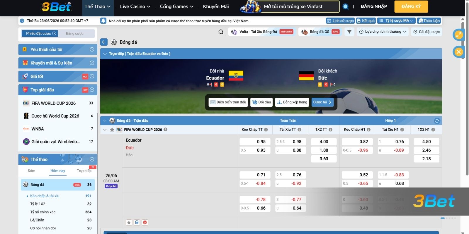 Soi kèo Ecuador vs Đức 03h00 ngày 26/06/2026 cùng 3BET