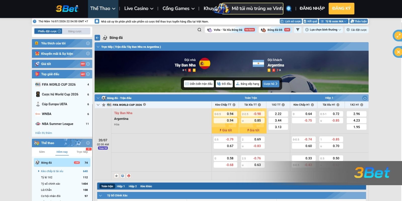 Soi kèo Tây Ban Nha vs Argentina 02h00 ngày 20/07/2026 cùng 3BET