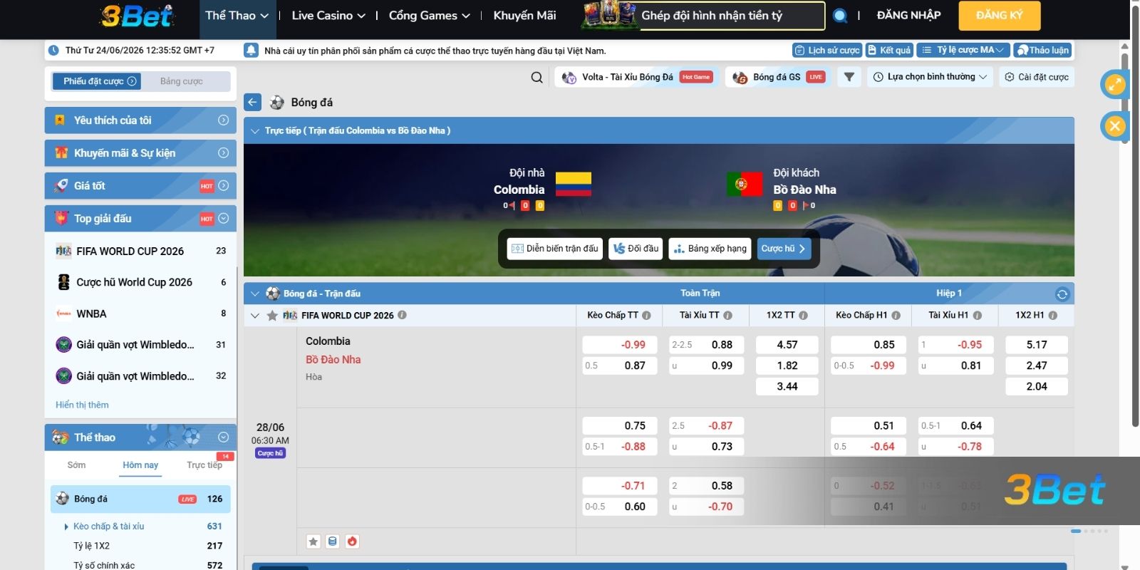 Soi kèo Colombia vs Bồ Đào Nha 06h30 ngày 28/06/2026 cùng 3BET