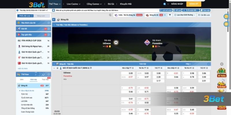 Tỷ lệ kèo Udinese vs Fiorentina 02h45 ngày 03/03/2026