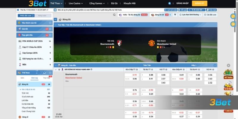 Tỷ lệ kèo Bournemouth vs Man United 03h00 ngày 21/03/2026