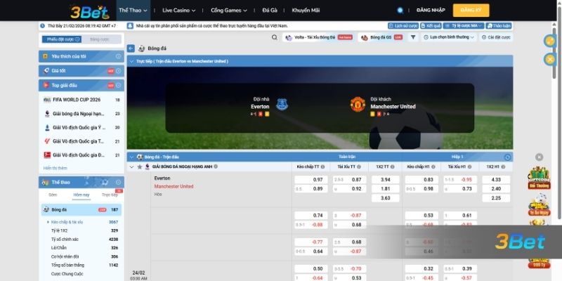 Tỷ lệ kèo Everton vs Man United 03h00 ngày 24/02/2026