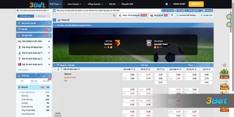 Tỷ lệ kèo Watford vs Ipswich Town 02h45 ngày 25/02/2026