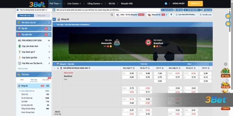 Tỷ lệ kèo Newcastle vs Brentford 00h30 ngày 08/02/2026