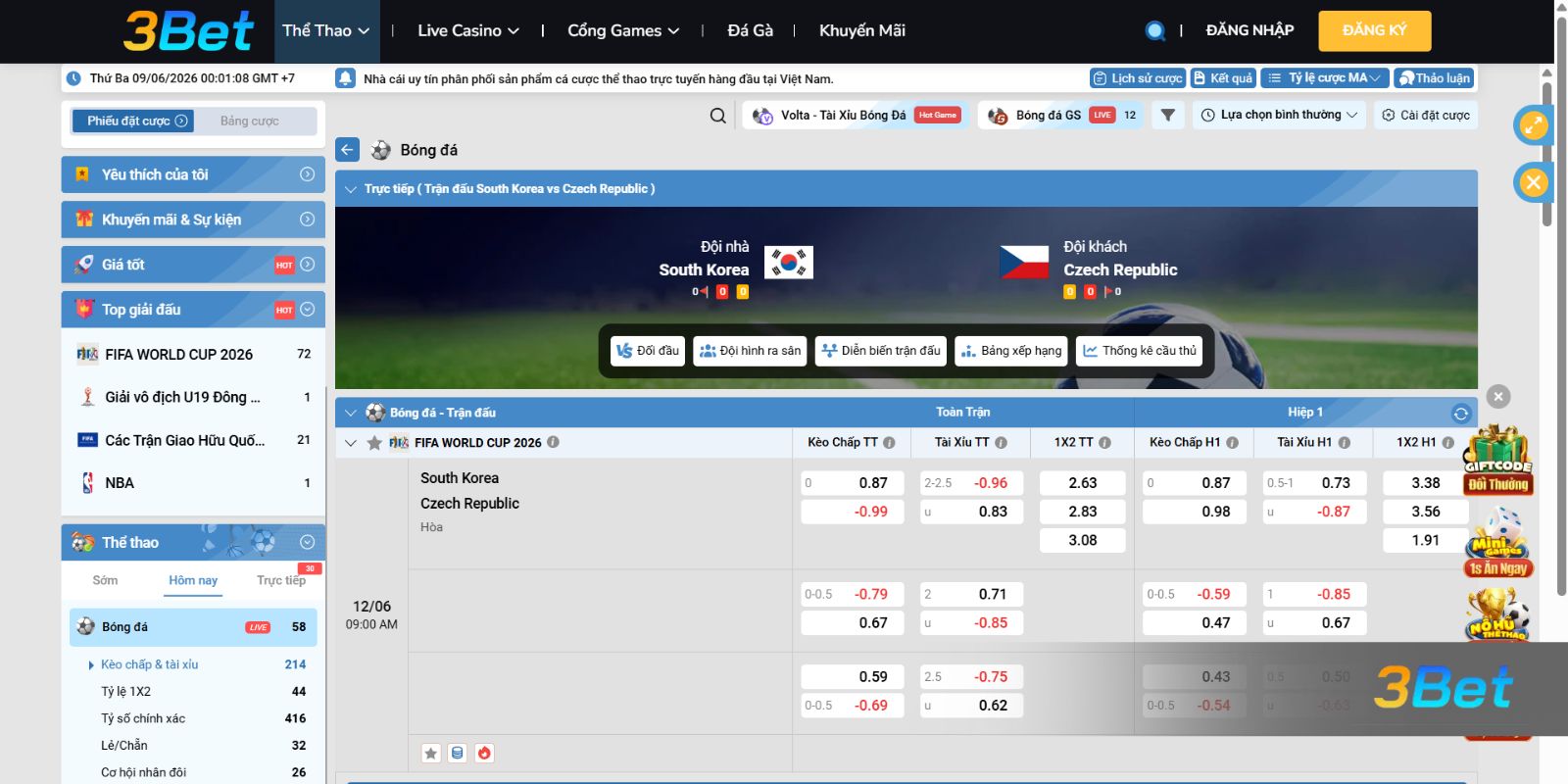 Soi kèo Hàn Quốc vs Czech Republic 09h00 ngày 12/06/2026 cùng 3BET