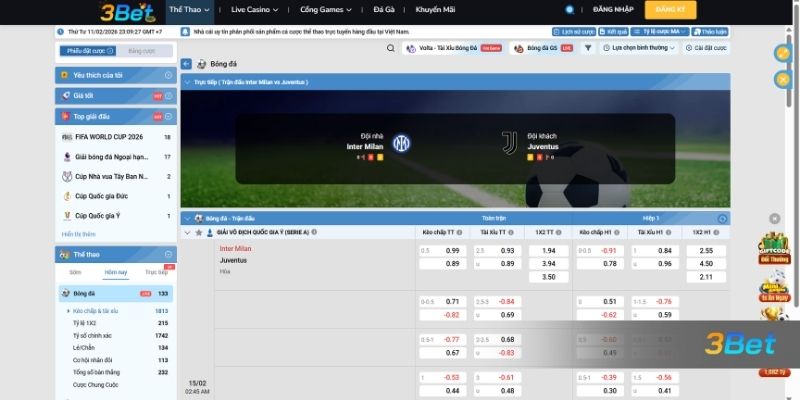 Tỷ lệ kèo Inter Milan vs Juventus 02h45 ngày 15/02/2026