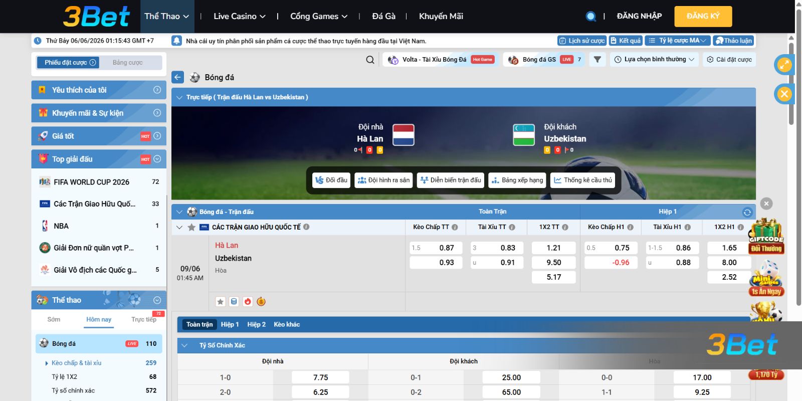 Tỷ lệ kèo Hà Lan vs Uzbekistan 01h45 ngày 09/06/2026