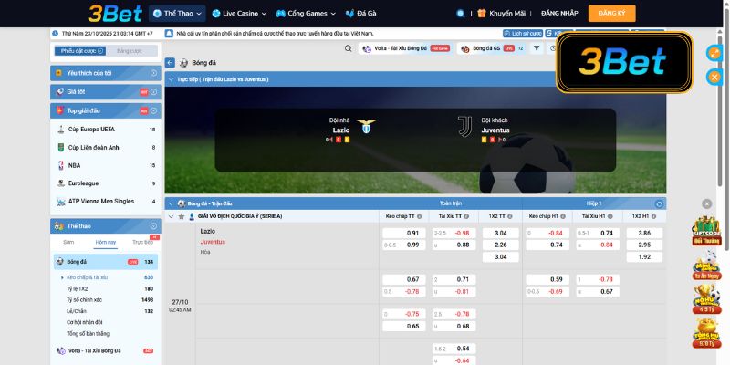 Tỷ lệ kèo Lazio vs Juventus 02h45 ngày 27/10/2025