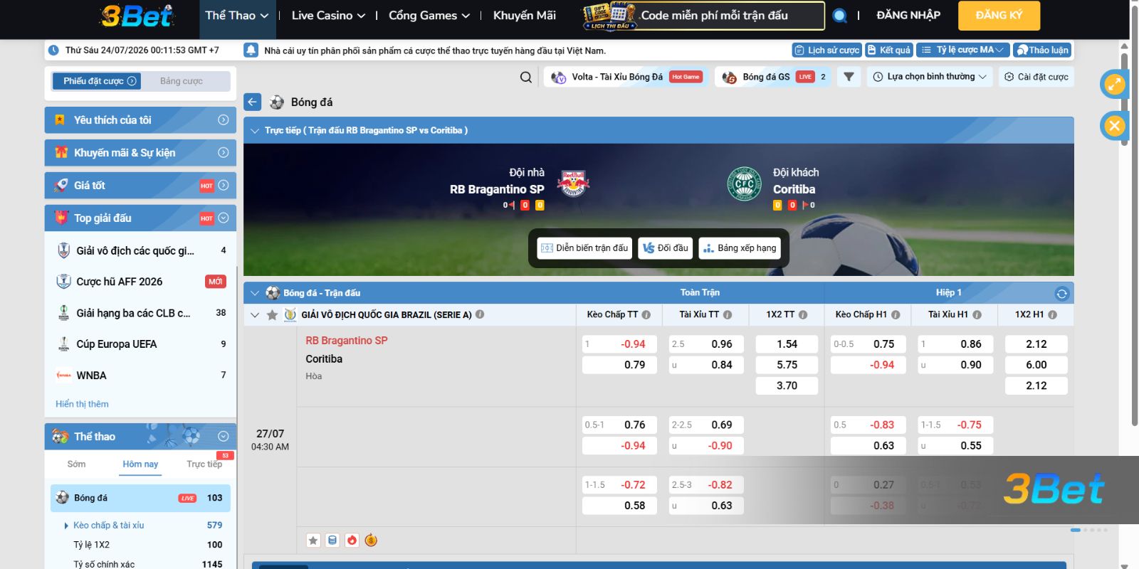 Soi kèo Bragantino vs Coritiba 04h30 ngày 27/07/2026 cùng 3BET