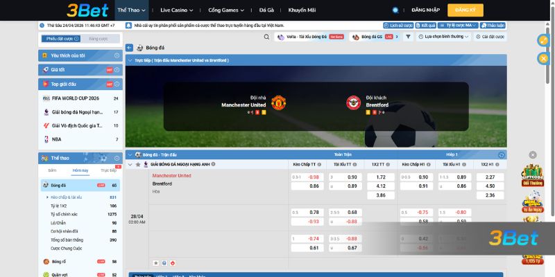 Tỷ lệ kèo Man United vs Brentford 02h00 ngày 28/04/2026
