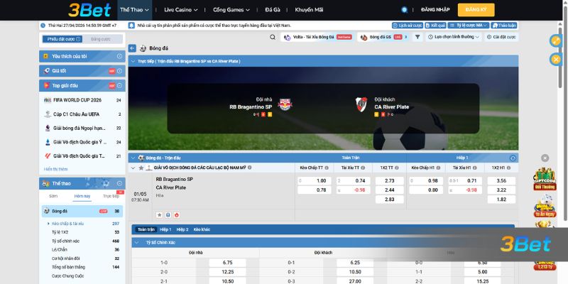 Tỷ lệ kèo Bragantino vs River Plate 07h30 ngày 01/05/2026