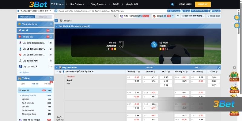 Tỷ lệ kèo Juventus vs Napoli 00h00 ngày 26/01/2026