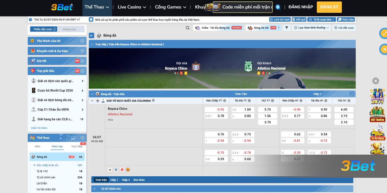 Soi kèo Chico vs Nacional 04h00 ngày 26/07/2026 cùng 3BET