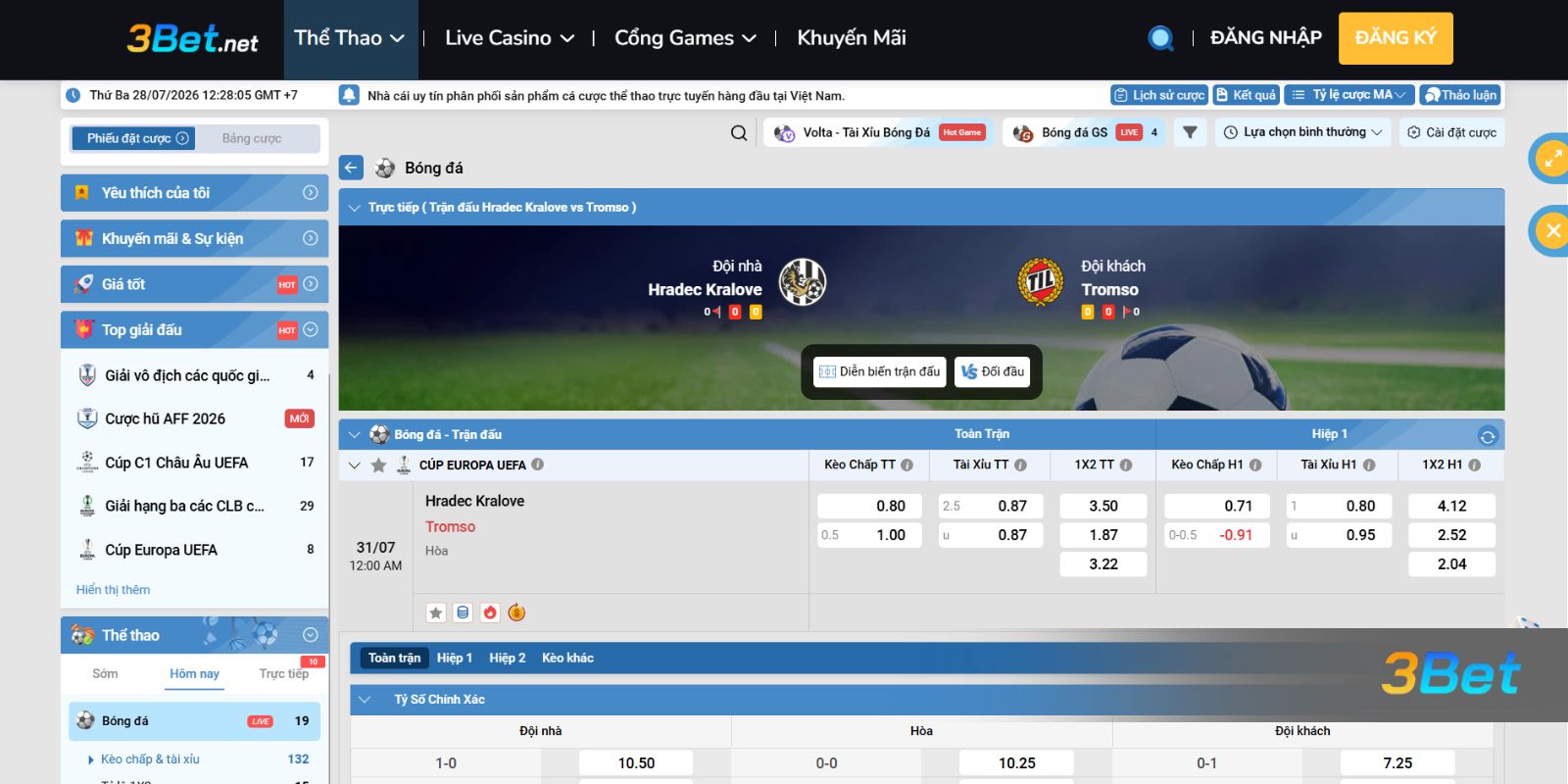 Tỷ lệ kèo Hradec Kralove vs Tromso 00h00 ngày 31/07/2026