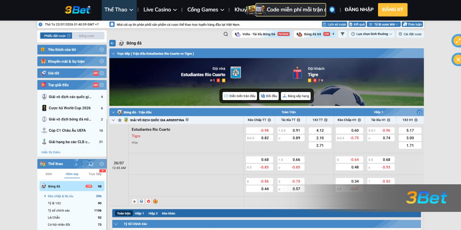 Soi kèo Rio Cuarto vs Tigre 00h45 ngày 26/07/2026 cùng 3BET