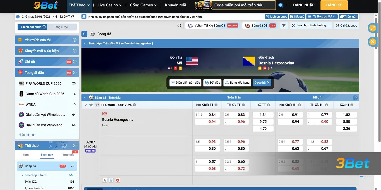 Soi kèo Mỹ vs Bosnia & Herzegovina 07h00 ngày 02/07/2026 cùng 3BET