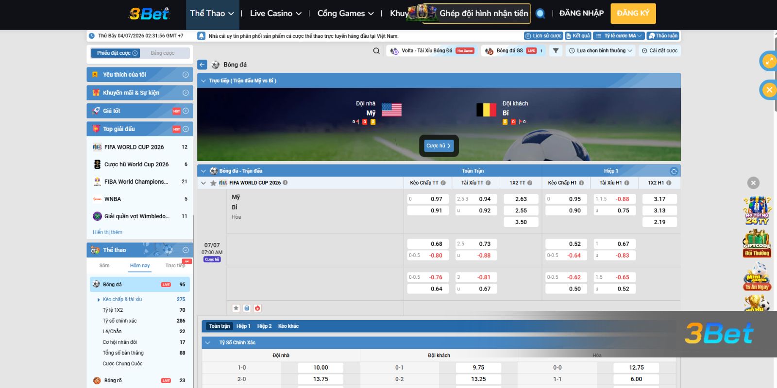Soi kèo Mỹ vs Bỉ 07h00 ngày 07/07/2026 cùng 3BET