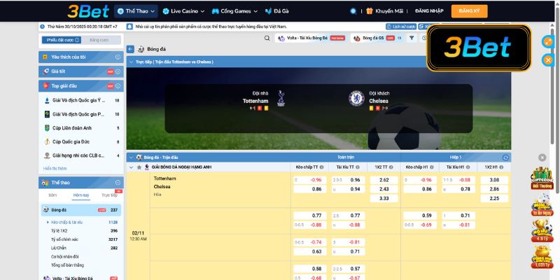 Tỷ lệ kèo Tottenham vs Chelsea 00h30 ngày 02/11/2025