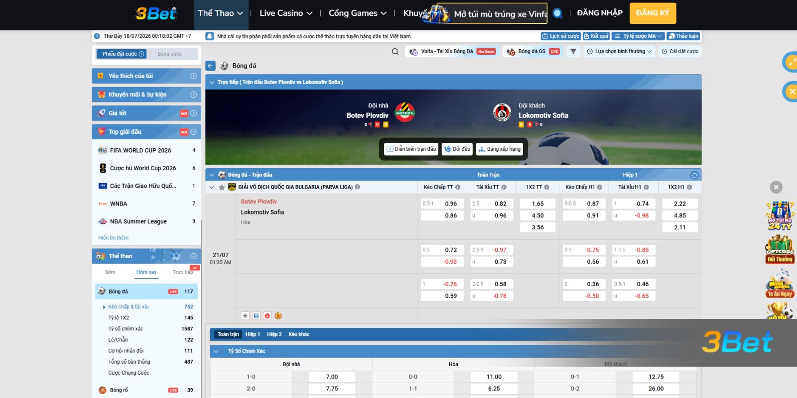 Soi kèo Botev Plovdiv vs Lokomotiv Sofia 01h30 ngày 21/07/2026 cùng 3BET