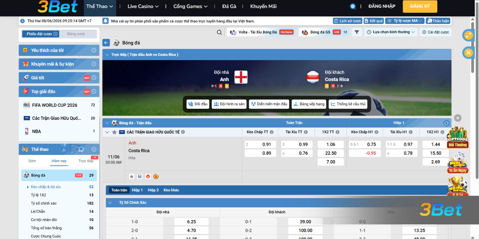 Soi kèo Anh vs Costa Rica 03h00 ngày 11/06/2026 cùng 3BET