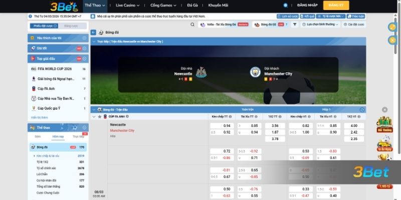 Tỷ lệ kèo Newcastle vs Man City 03h00 ngày 08/03/2026