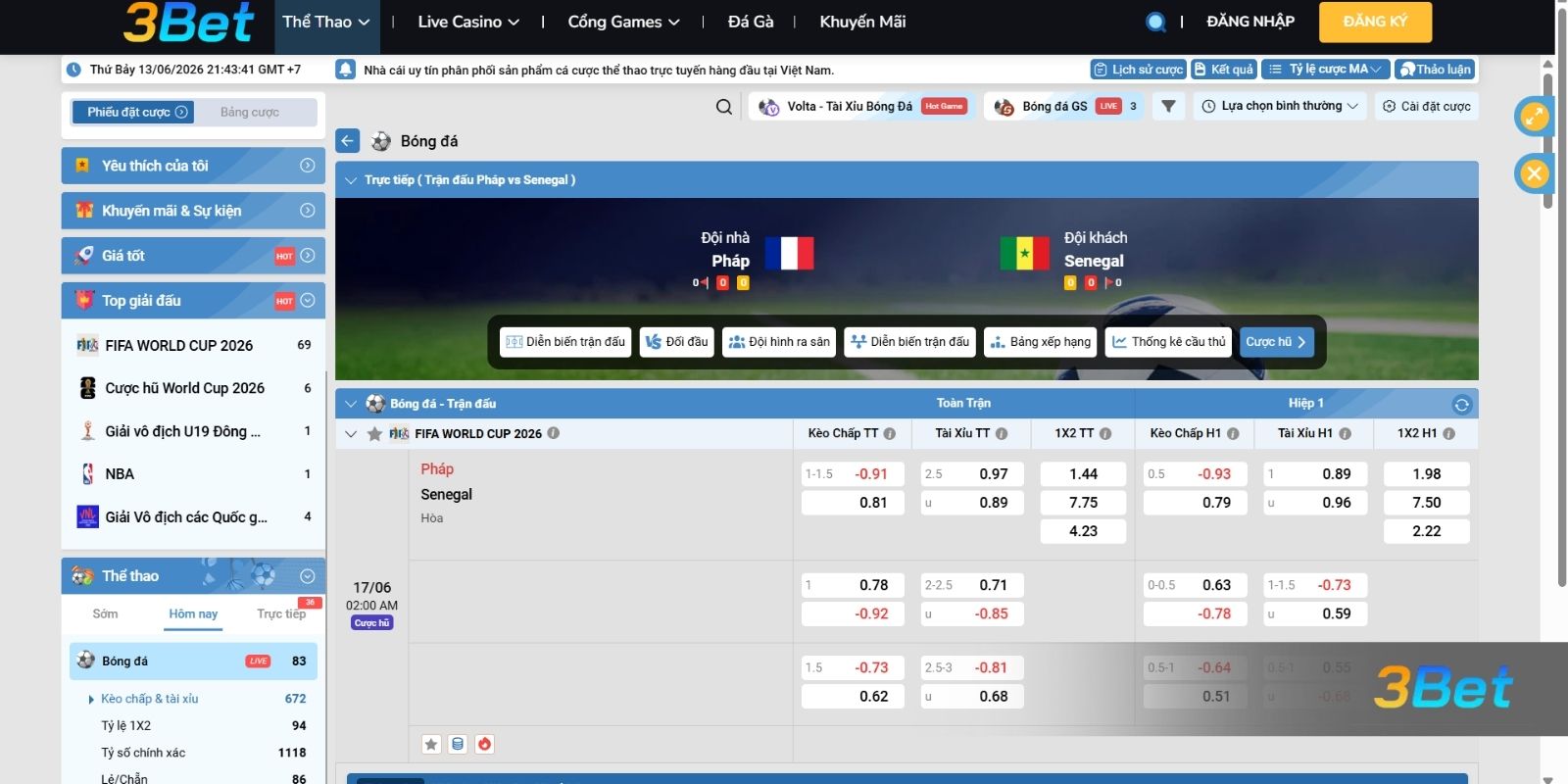 Tỷ lệ kèo Pháp vs Senegal 02h00 ngày 17/06/2026