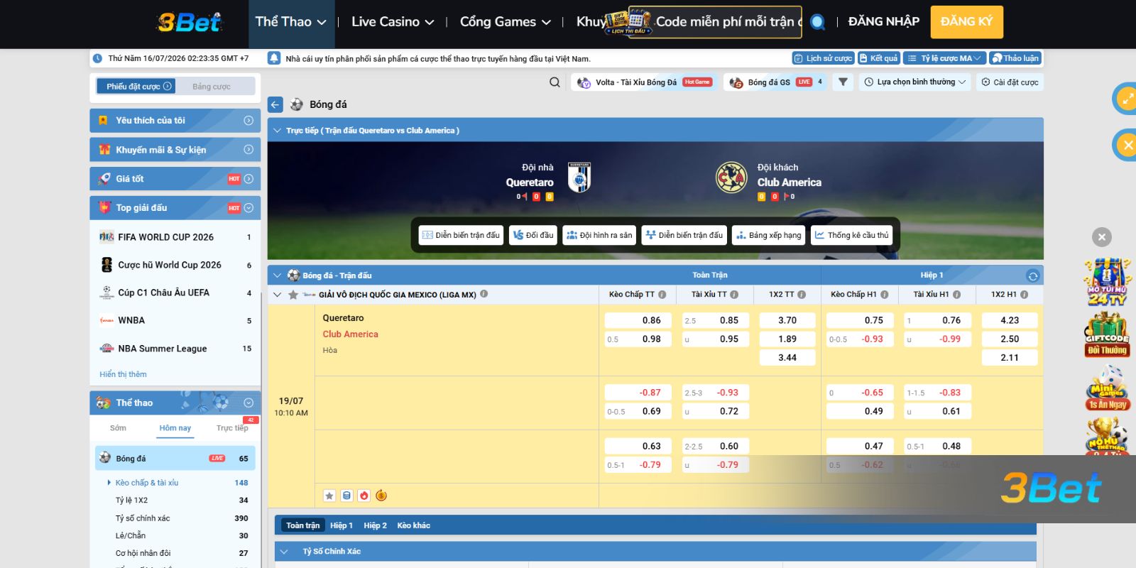 Soi kèo Queretaro vs Club America 10h10 ngày 19/07/2026 cùng 3BET
