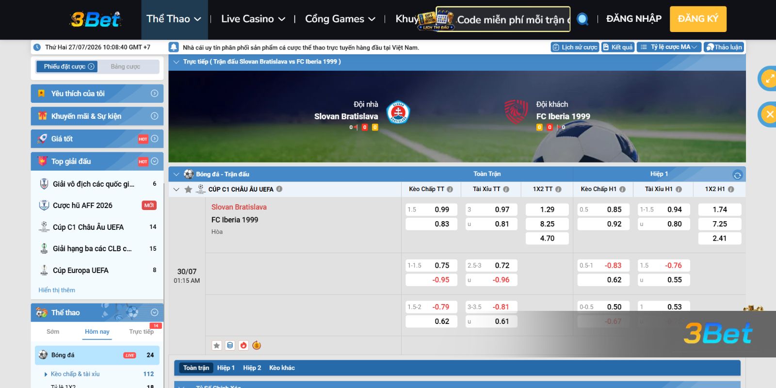 Tỷ lệ kèo Slovan Bratislava vs FC Iberia 1999 01h15 ngày 30/07/2026