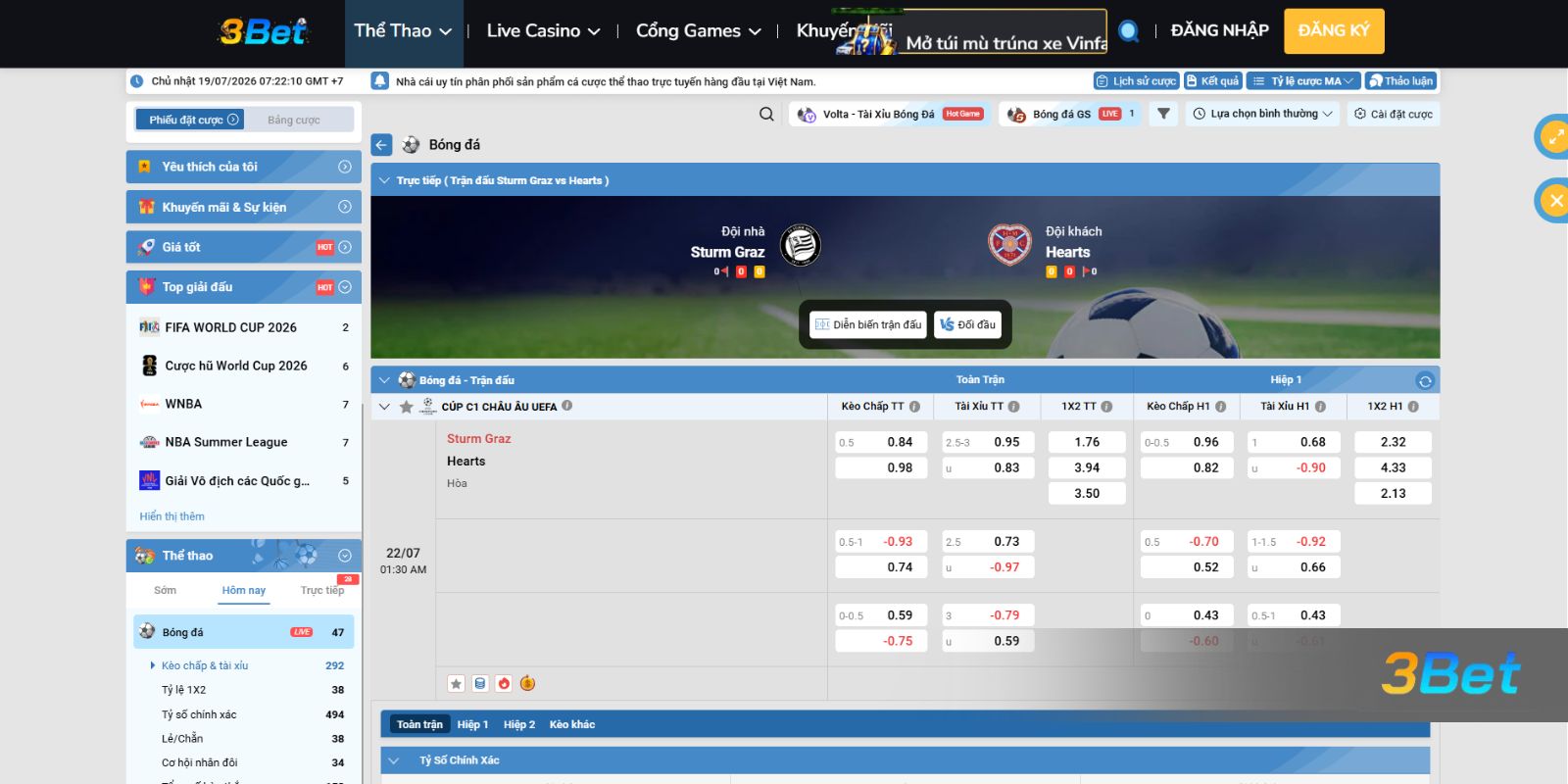Soi kèo Sturm Graz vs Hearts 01h30 ngày 22/07/2026 cùng 3BET