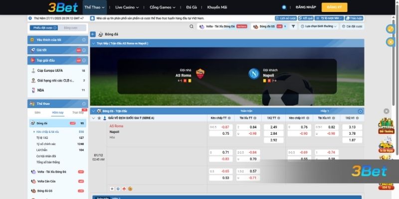 Tỷ lệ kèo AS Roma vs Napoli 02h45 ngày 01/12/2025