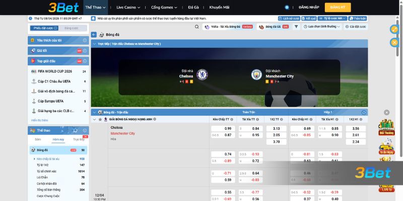 Tỷ lệ kèo Chelsea vs Man City 22h30 ngày 12/04/2026