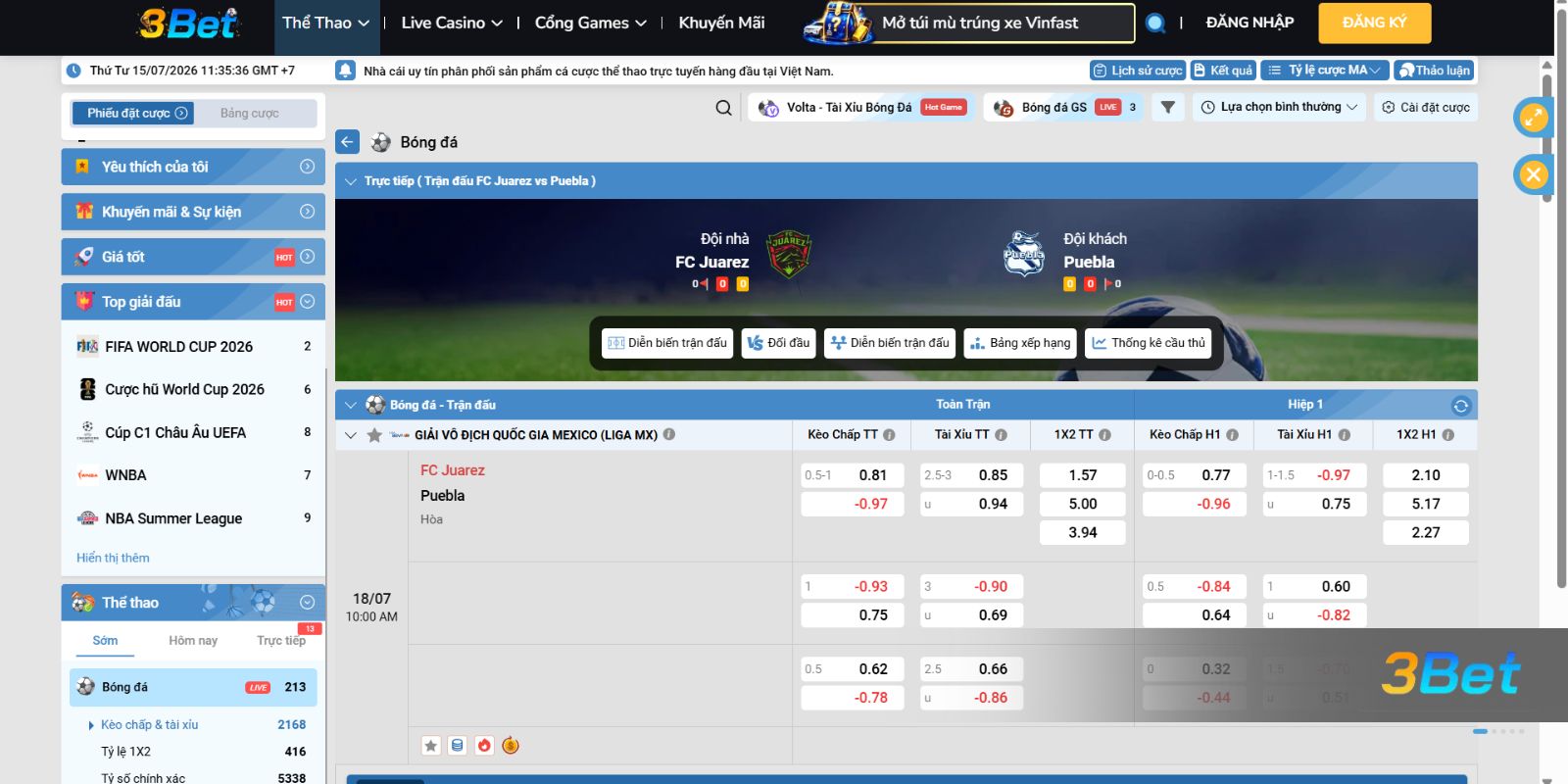 Soi kèo FC Juarez vs Puebla 10h00 ngày 18/07/2026 cùng 3BET