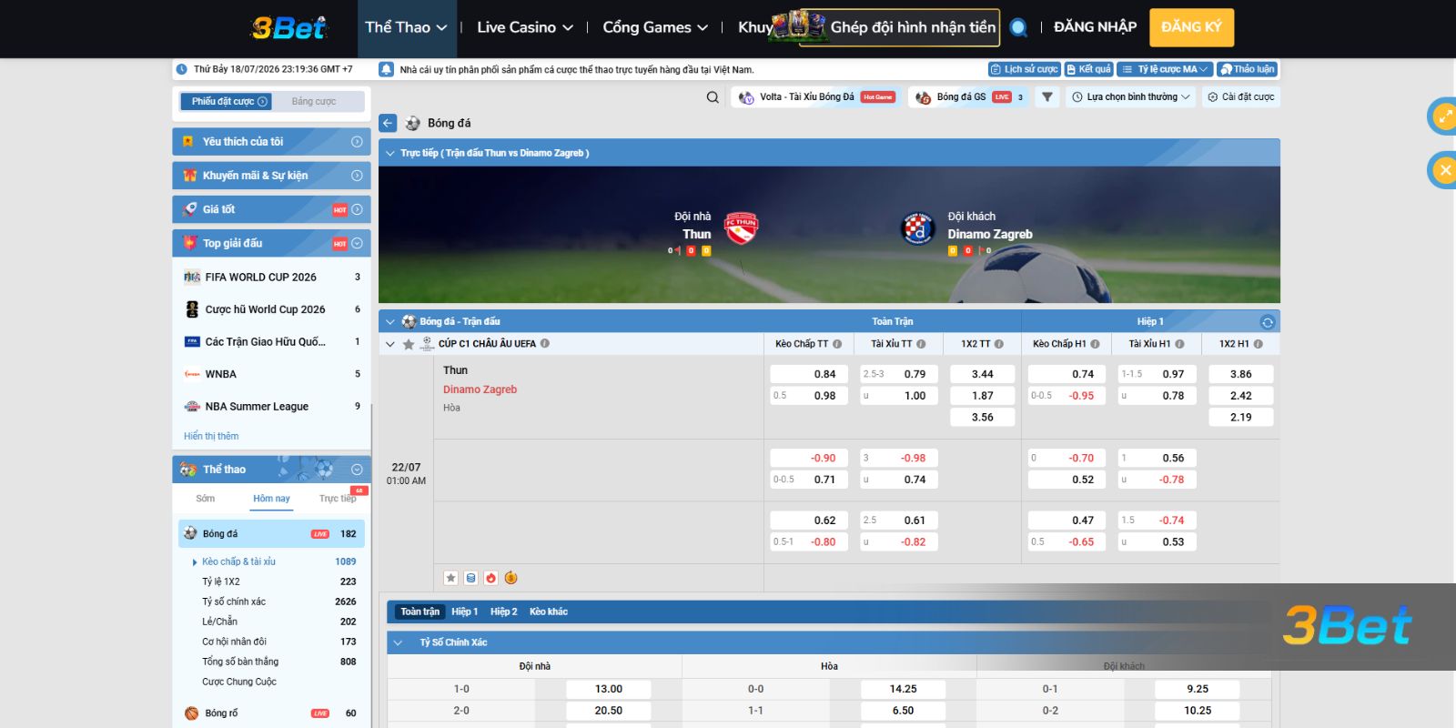 Soi kèo Thun vs Dinamo Zagreb 01h00 ngày 22/07/2026 cùng 3BET