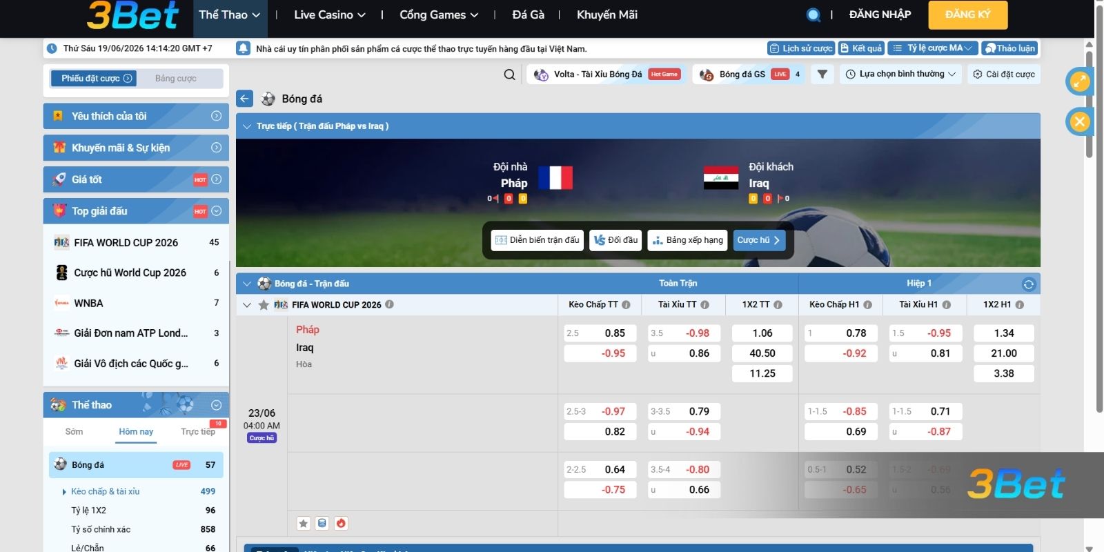 Tỷ lệ kèo Pháp vs Iraq 04h00 ngày 23/06/2026