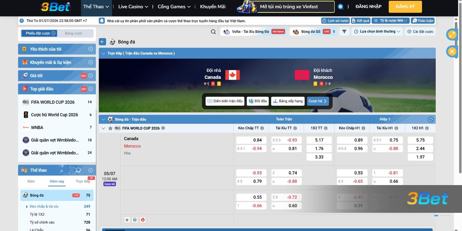 Soi kèo Canada vs Morocco 00h00 ngày 05/07/2026 cùng 3BET