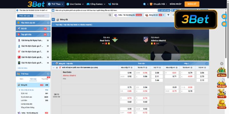 Tỷ lệ kèo Betis vs Atletico Madrid 03h00 ngày 28/10/2025