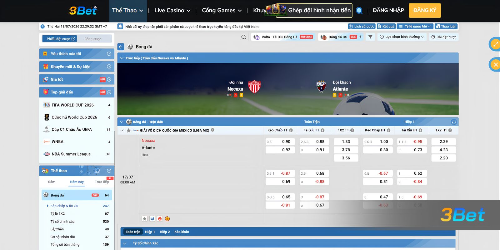 Soi kèo Necaxa vs Atlante 08h00 ngày 17/07/2026 cùng 3BET