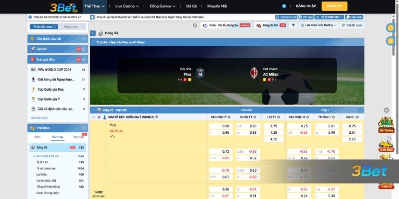 Tỷ lệ kèo Pisa vs AC Milan 02h45 ngày 14/02/2026