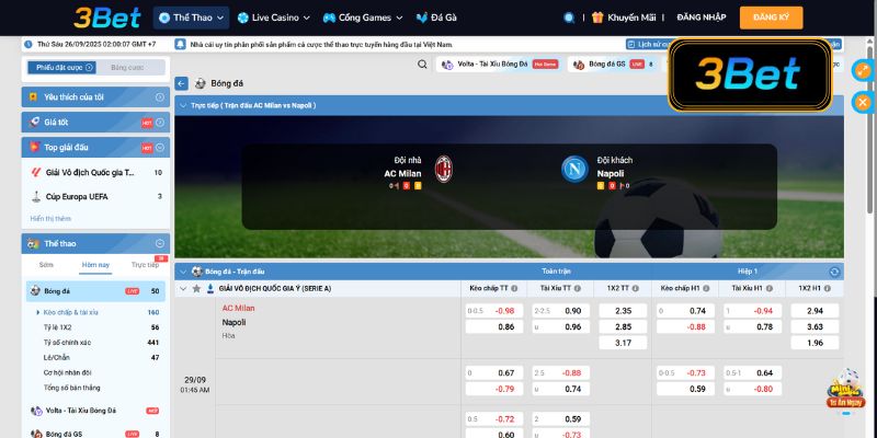 Tỷ lệ soi kèo AC Milan vs Napoli 01h45 ngày 29/09/2025