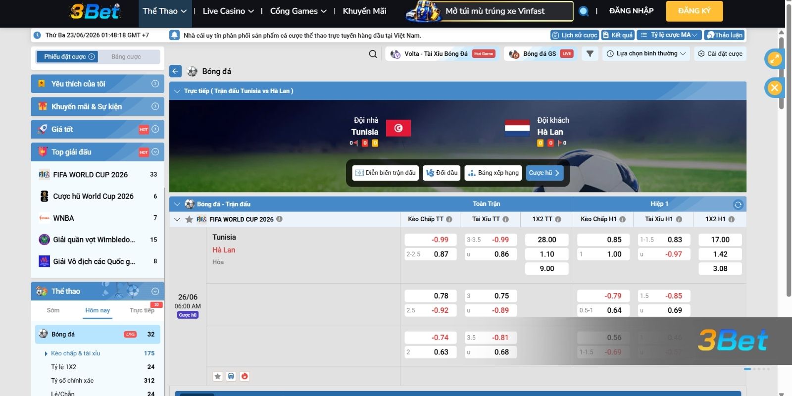Soi kèo Tunisia vs Hà Lan 06h00 ngày 26/06/2026 cùng 3BET