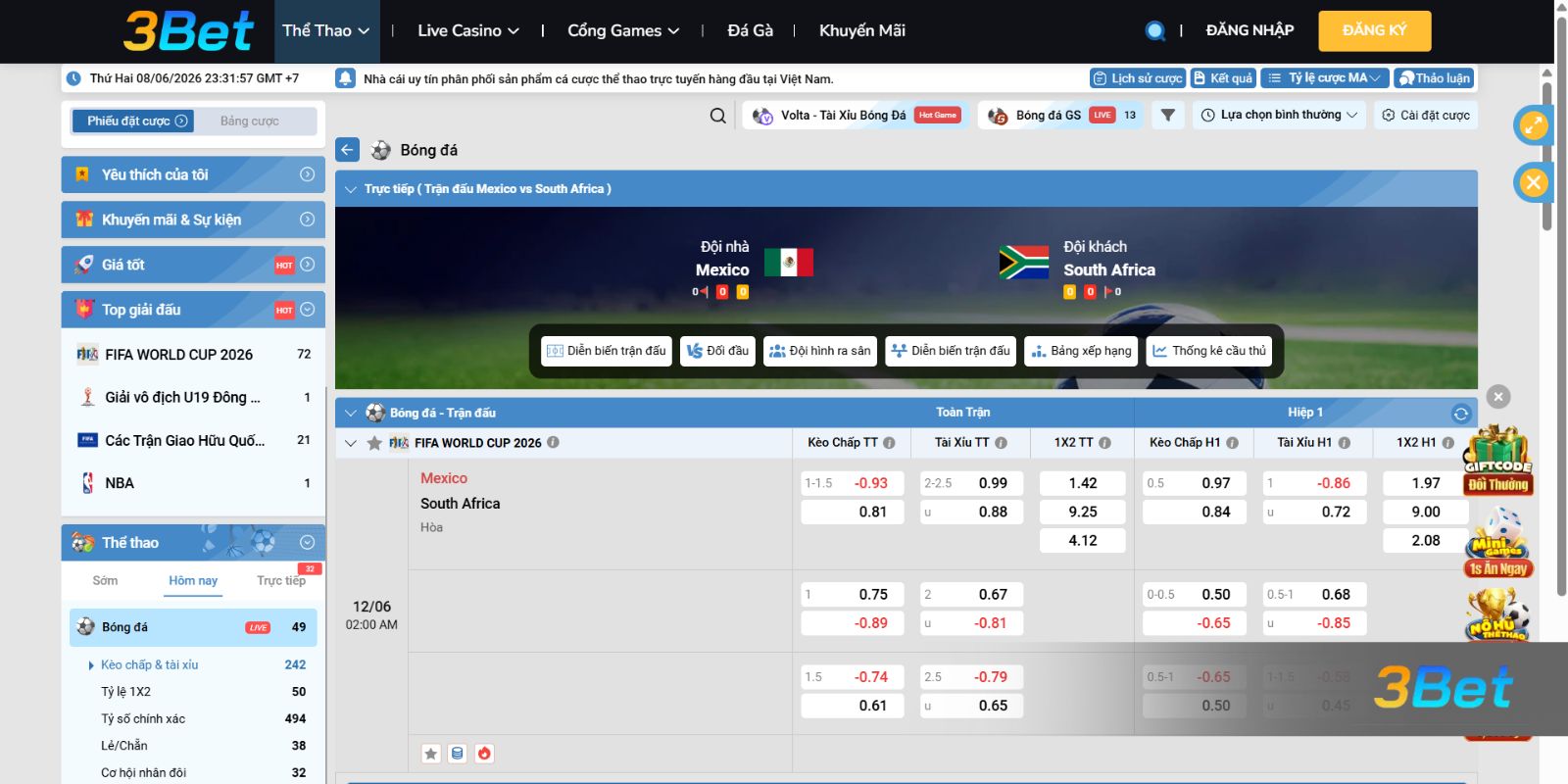 Soi kèo Mexico vs South Africa 02h00 ngày 12/06/2026 cùng 3BET