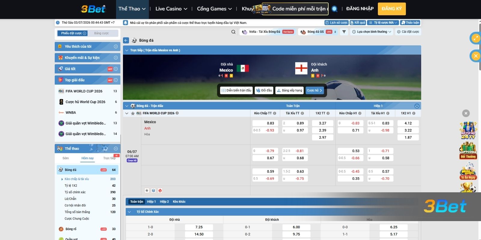 Soi kèo Mexico vs Anh 07h00 ngày 06/07/2026 cùng 3BET