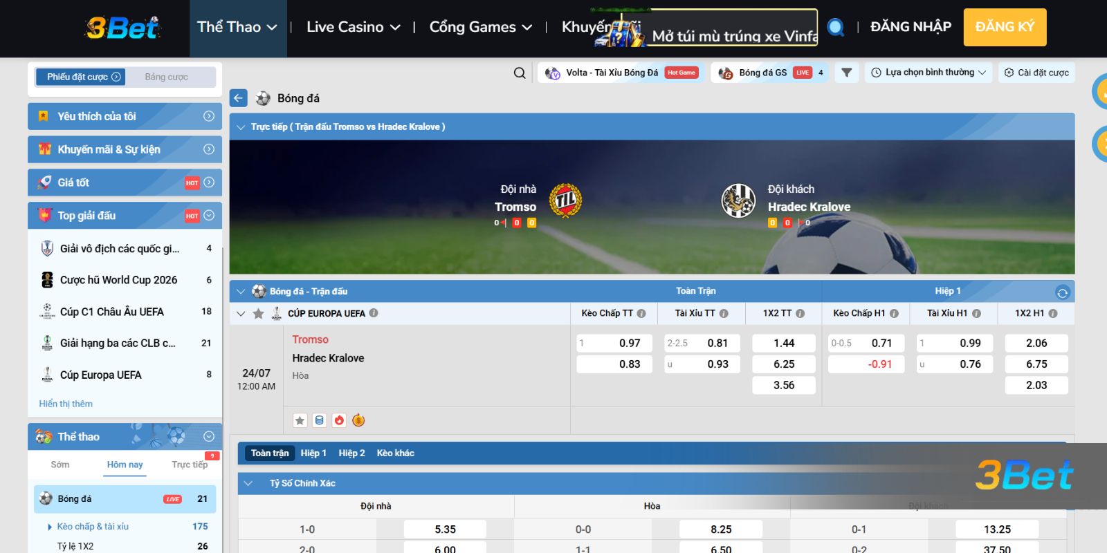 Soi kèo Tromso vs Hradec Kralove 00h00 ngày 24/07/2026 cùng 3BET