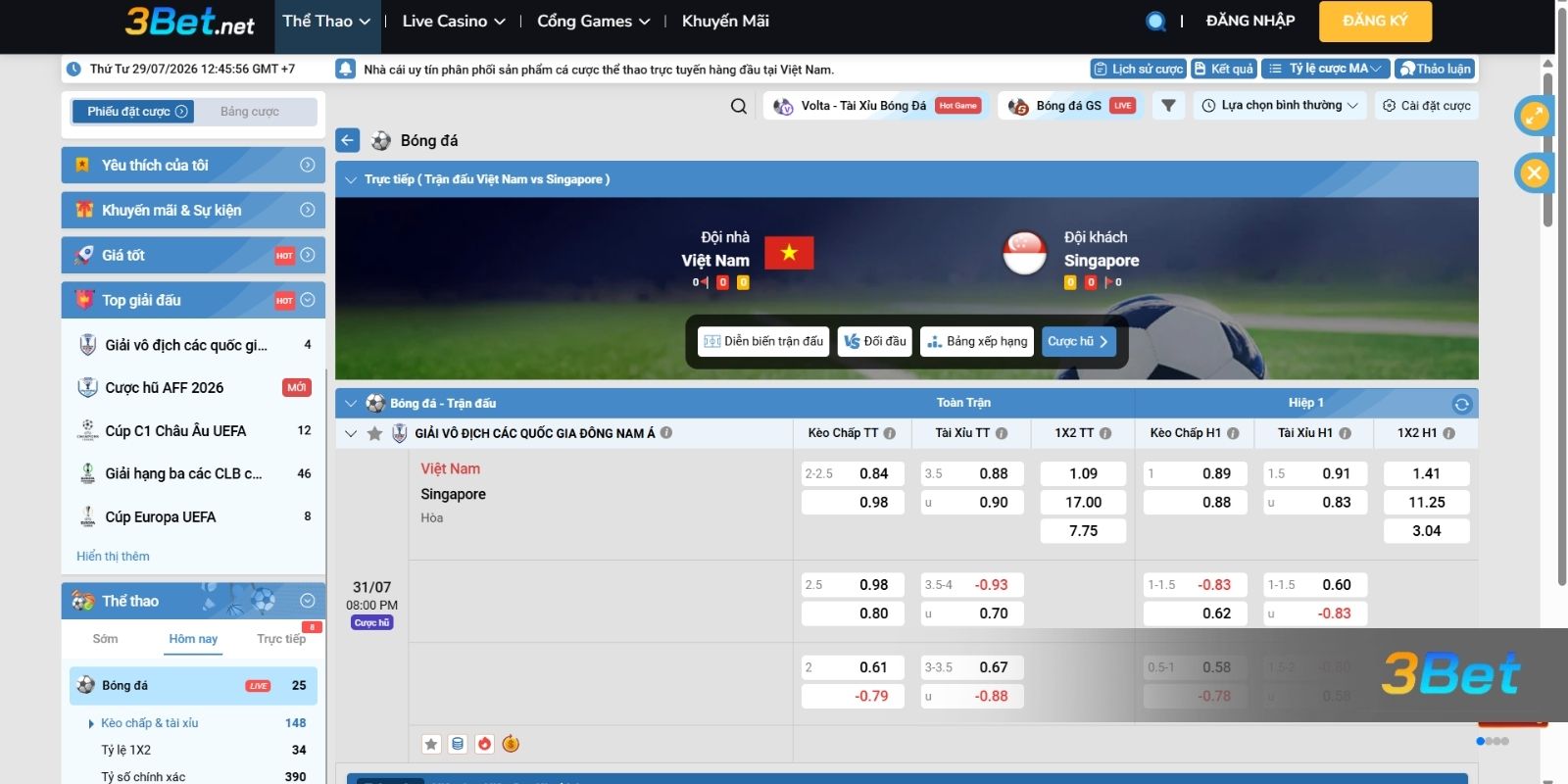 Tỷ lệ kèo Việt Nam vs Singapore 20h00 ngày 31/07/2026