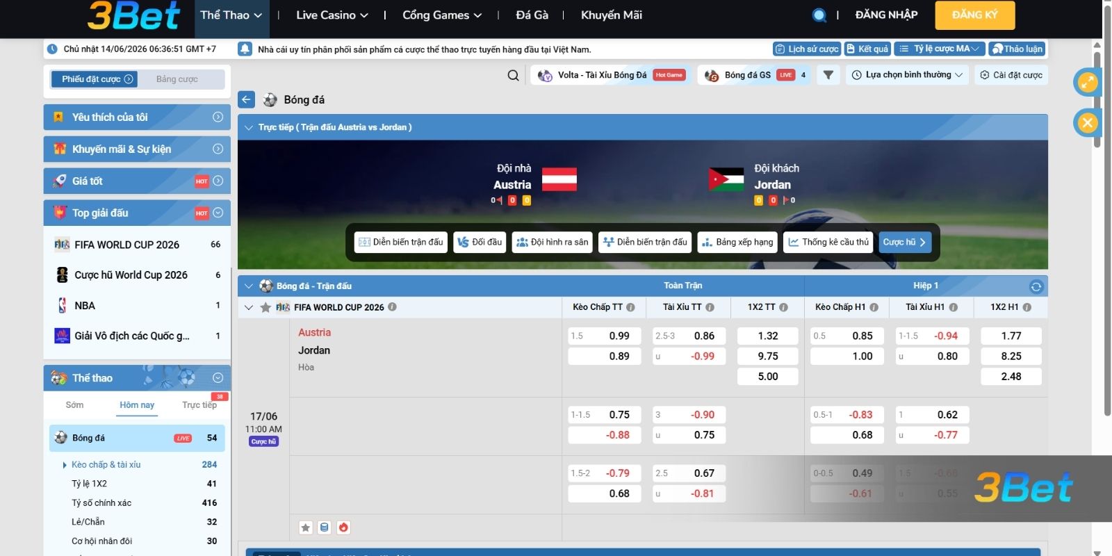 Tỷ lệ kèo Áo vs Jordan 11h00 ngày 17/06/2026