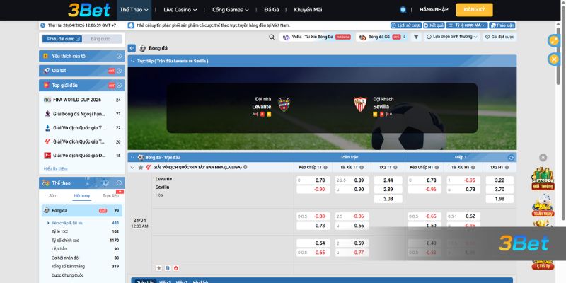 Tỷ lệ kèo Levante vs Sevilla 00h00 ngày 24/04/2026