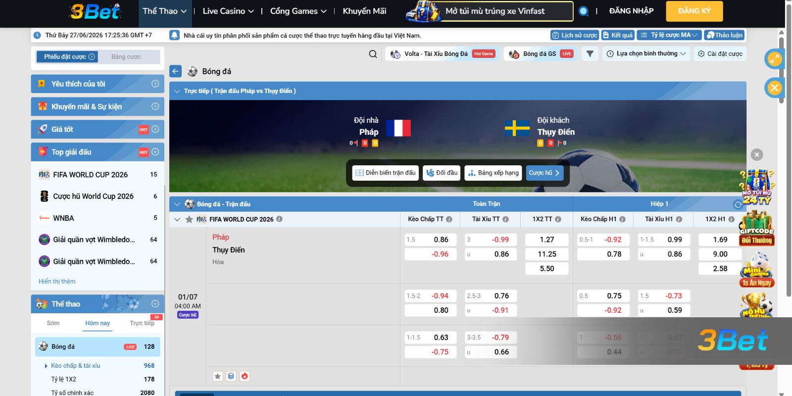 Soi kèo Pháp vs Thụy Điển 04h00 ngày 01/07/2026 cùng 3BET