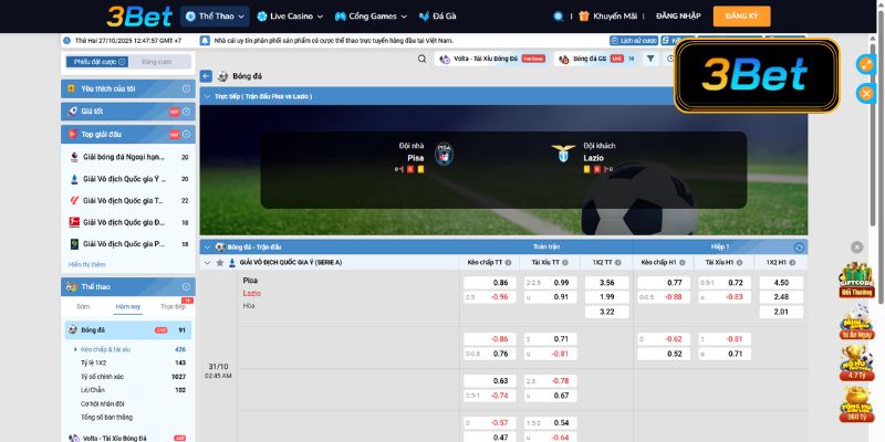 Tỷ lệ kèo Pisa vs Lazio 02h45 ngày 31/10/2025